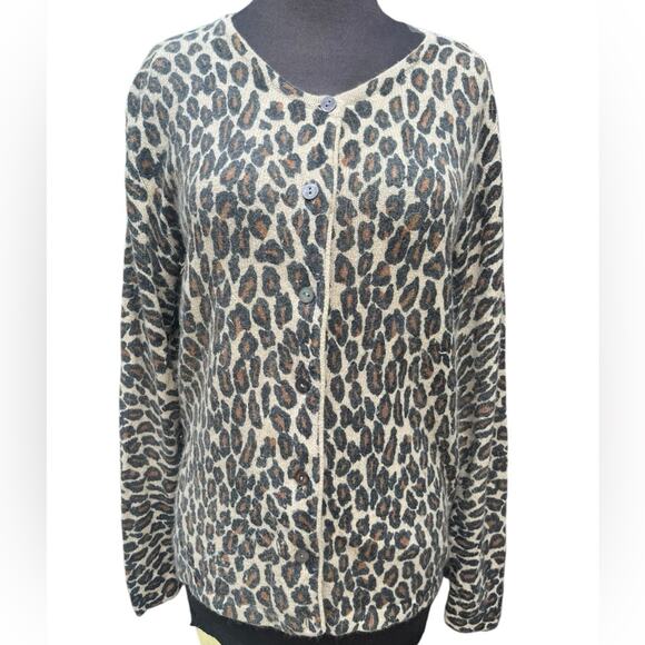 Vtg Y2K Glam Silk Angora Leopard Print Fuzzy Cozy Ladylike Cardigan Sweater M - Picture 1 of 7